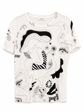Sandro Paris Abstract Graphic Tee Shirt White Black Artsy Print